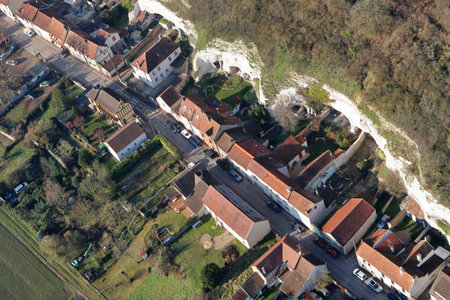Aerial view of Mousseaux-sur-Seine village and the white cliffs troglodythes in the Yvelines department (78270), Ile-de-France region, France - January 03, 2010の写真素材