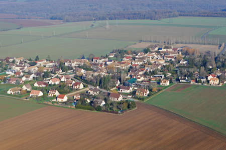 Aerial view of Boinvilliers village in the middle of the fields in the Yvelines department (78200), Ile-de-France region, France - January 03, 2010の写真素材
