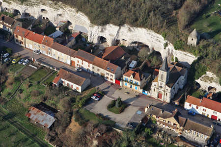 Aerial view of Mousseaux-sur-Seine village, the church and white cliffs troglodythes in the Yvelines department (78270), Ile-de-France region, France - January 03, 2010の写真素材