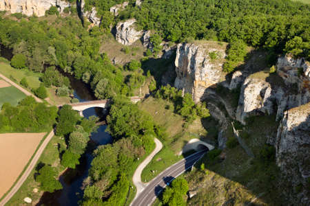 Aerial photograph of Saint-MorÃ© cliffs and Caves, The PÃ¨re Leleu Caves, in the Yonne 89 department, Bourgogne-Franche-ComtÃ© region, Franceのeditorial素材