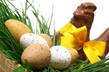 Basket of Easter eggs placed on fresh grass with a big chocolate hen with a yellow node on a white backgroundの写真素材