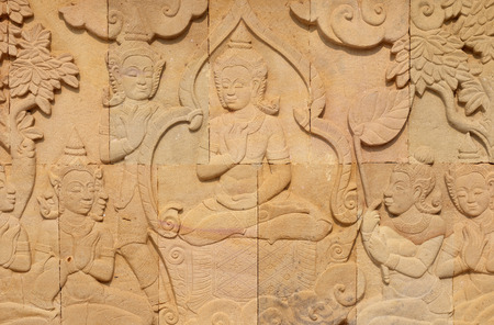 thai style sandstone carving art on the wall  temple のeditorial素材