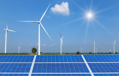 Solar cells and wind turbines generating electricity in  power station for an  alternative renewable energy from nature  Ecology concept.の写真素材