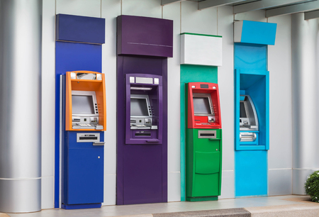 Close up banking machine or ATM automatic teller machine  cash  money machine on the wallのeditorial素材