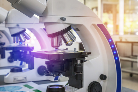 close up microscope equipment for research experiments in science laboratory