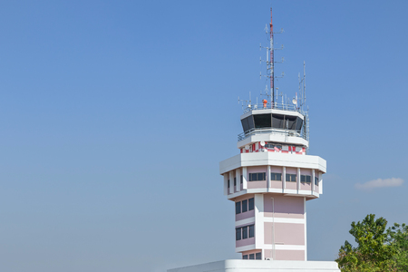 Air traffic services authority control center room in international airport under blue sky.のeditorial素材