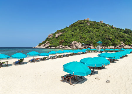 row blue umbrellas with wooden beach chairs on tropical sandy beach in sunny day at Koh Nang Yuan Island Surat Thani, Thailandの写真素材