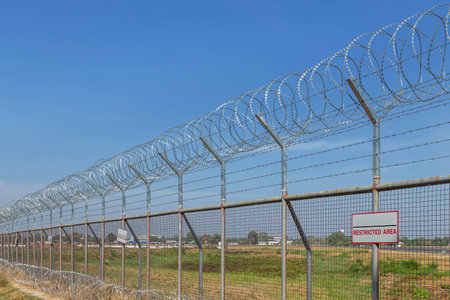 Razor barbed wire or concertina razor coil barrier security fence restricted area protection with blue skyの写真素材