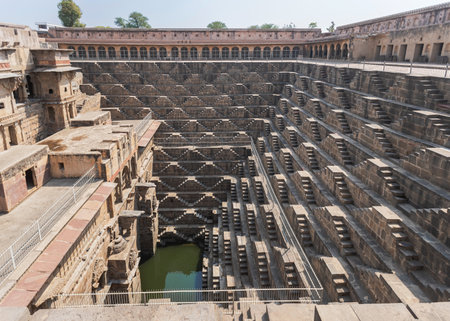 Public Chand Baori ancient deepest and largest stepwells of India in the village Abhaneri , Jaipur, Rajasthan ,India.の写真素材