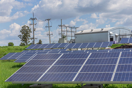 rows array of solar panels polycrystalline silicon or photovoltaic cells in solar power plant station Alternative technology for energy revolutionの写真素材
