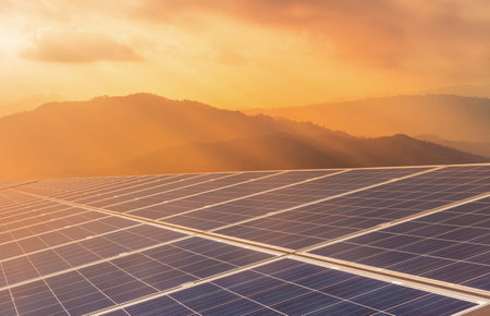 Close up rows array of polycrystalline silicon solar panels or photovoltaics cell in solar plant...