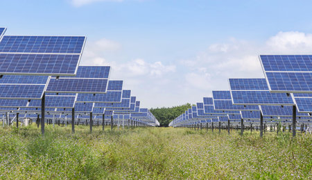 Rows array of Solar panels or solar cells or photovoltaics in solar power station on blue sky , clean energy power sustainable energy environmentally friendlyの写真素材