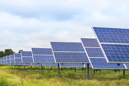 Close up rows array of polycrystalline silicon solar panels or photovoltaics cell in solar plant station ,clean energy and eco energy conceptの写真素材