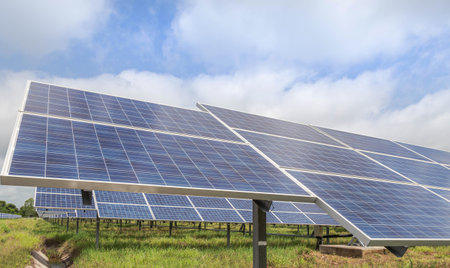 Close up rows array of Solar panels or solar cells or photovoltaics in solar power station alternative clean renewable energy efficiency sustainableの写真素材