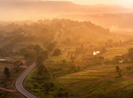High angle landscape view above country road cover with the fog from Khao Takhian Ngo view point while sunrise in morning at Khao Kho, Phetchabun  Thailand.の写真素材