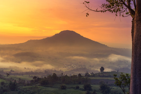 Landscape view sunrise with misty cover in early morning at Khao Takhian Ngo view point at Khao Kho, Phetchabun  Thailand.の写真素材