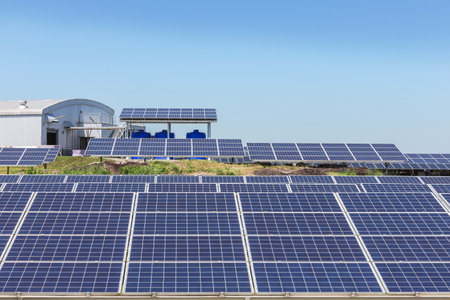 rows array of Solar panels or solar cells or photovoltaics in solar power station , clean energy power sustainable energy environmentally friendlyの写真素材