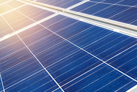 Close up rows array of solar panels polycrystalline silicon or photovoltaic cells in solar power plant station Alternative technology for energy revolutionの写真素材