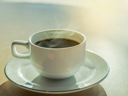 Close up hot coffee with steaming in the morningの写真素材