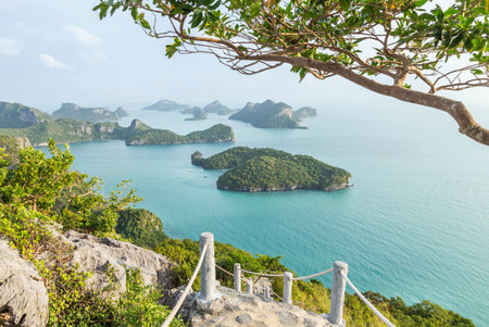 Aerial landscape view group of many small islands in Angthong islands national marine park in the morning from view point at Wua Ta Lap island at Surat Thani, Thailand summer holidの写真素材
