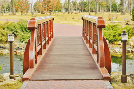View of the beautiful bridge over the lakeの写真素材