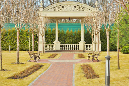 Beautiful gazebo in landscaped parkの写真素材