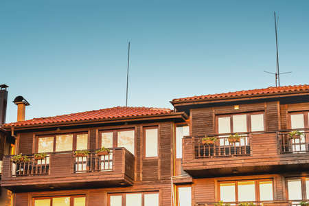 Detail of the facade of buildings in the town of Sozopolのeditorial素材