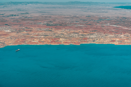 View from the plane of the coastline and beaches of Cyprus.の写真素材