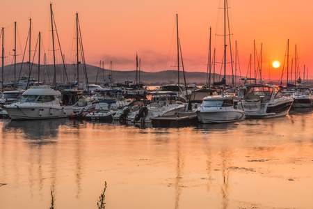 Sunset in the yacht club of Sozopol, Bulgaria.のeditorial素材