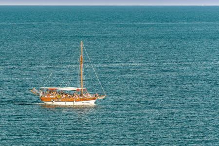 Sozopol, Bulgaria, August 29, 2015; A pleasure boat with tourists in the Black Sea near the coast of Bulgaria.のeditorial素材