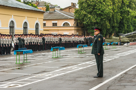 KYIV, UKRAINE - May 26, 2017: Students of the Kiev military lyceum of Ivan Bohun take part in the celebrations dedicated to the end of the academic year.のeditorial素材