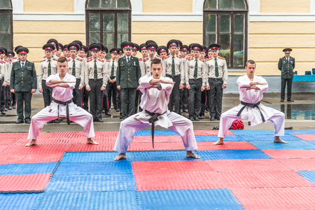 KYIV, UKRAINE - May 26, 2017: Ceremony on the occasion of the end of the academic year in the Kiev military lyceum of Ivan Bohun. Martial arts.のeditorial素材