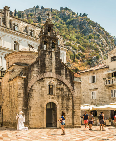 Kotor, Montenegro - August 24, 2017: Fragments of buildings and the church of St. Nicholas in the old town of Kotor, Montenegro.のeditorial素材