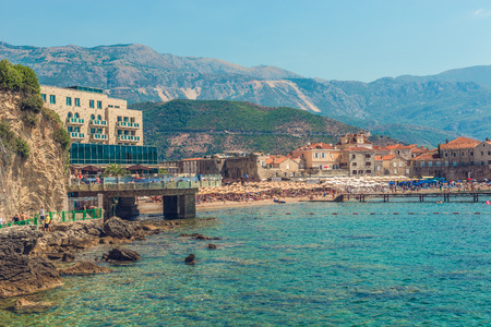 Budva, Montenegro - August 18, 2017: View of the modern beach town of Budva, Montenegro. Budva is one of the best and most popular resorts of the Adriatic Riviera. Beautiful beach at Budva's riviera.のeditorial素材