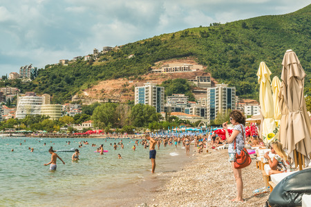 Budva, Montenegro - August 21, 2017: Fragment of the modern beach town of Budva, Montenegro, Europe. Budva is one of the best and most popular resorts of the Adriatic Riviera.のeditorial素材