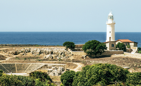Paphos lighthouse, ancient amphitheater and other ruins of the Archaeological Park in Paphos, Cyprus.の写真素材
