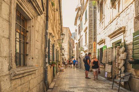 Kotor, Montenegro - August 24, 2017: A street of the Old Town of Kotor. The old part of Kotor is a UNESCO World Heritage Site.のeditorial素材