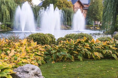 A fragment of the autumn park in Mezhyhirya near Kiev, Ukraine, fountains on the lake. Scenery of nature with sunlight.の写真素材