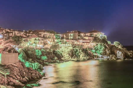 Sozopol, Bulgaria - night view of the old city.のeditorial素材
