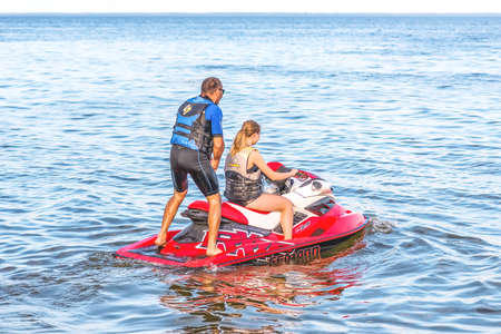 Kiev, Ukraine - June 27, 2020: Walk on the Dnieper River on a water bike.