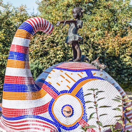 Kiev, Ukraine - October 14, 2019: Fragment of the fountain on Landscape Alley, a charming children's park and playground.のeditorial素材