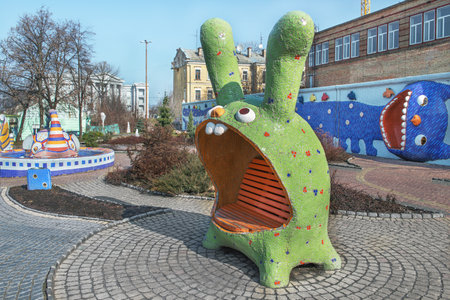 Kiev, Ukraine - March 7, 2014: Magnificent children's park with playgrounds on a landscape alley in the city center.のeditorial素材