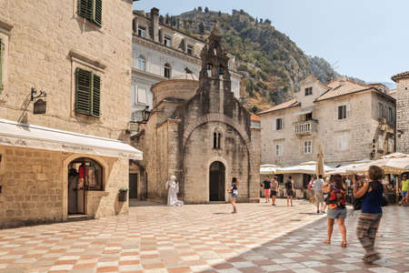 Kotor, Montenegro - August 24, 2017: View of the St. Tryphon Square, on which the eponymous Catholic Cathedral is located. It is one of the oldest monuments of Romanesque architecture.のeditorial素材