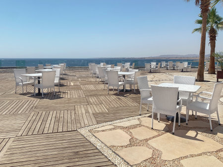 Terrace with tables for food in a hotel on the Red Sea coast, Egypt.の写真素材