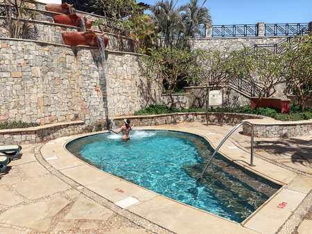 Sharm El Sheikh, Egypt - September 18, 2021: Swimming pool with artificial waterfall on the shores of the Red Sea.のeditorial素材
