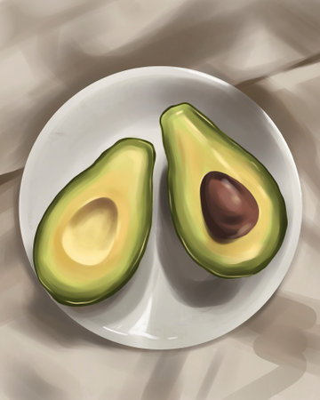 Avocado on a white plate. Illustration of an avocado on a white plate.