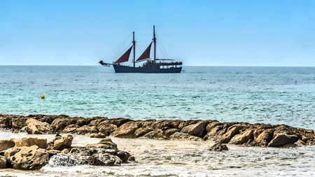 Paphos, Cyprus - September 20, 2016: View of the beautiful beach in Paphos.のeditorial素材