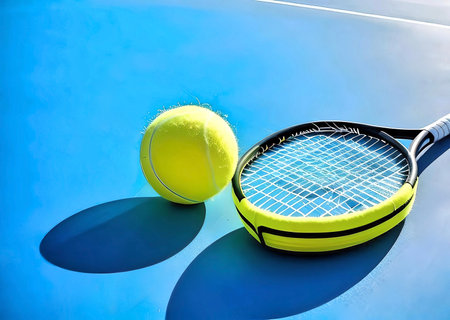 Tennis racket and ball on the court. blue background. copy spaceの素材