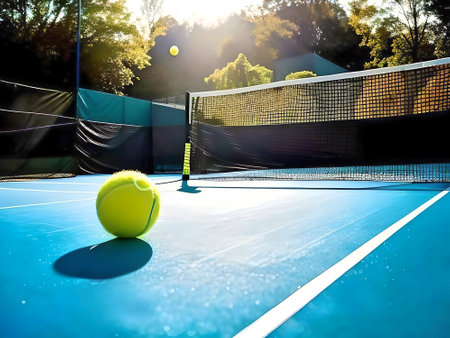Tennis ball on a tennis court with net and ball in the backgroundの素材