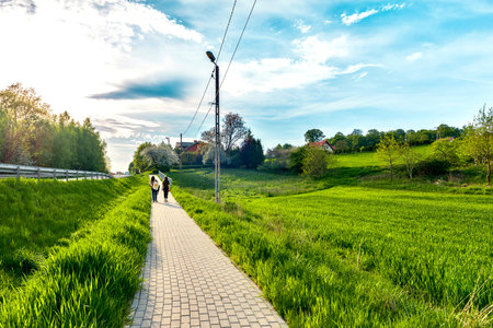 Couple walking on a road in the village. Spring landscape.の写真素材